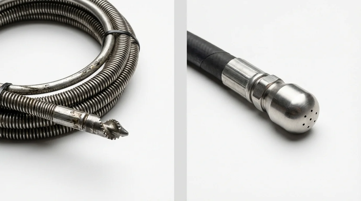 Drain snake cable and hydro jetting nozzle used for drain cleaning in Clayton, NM