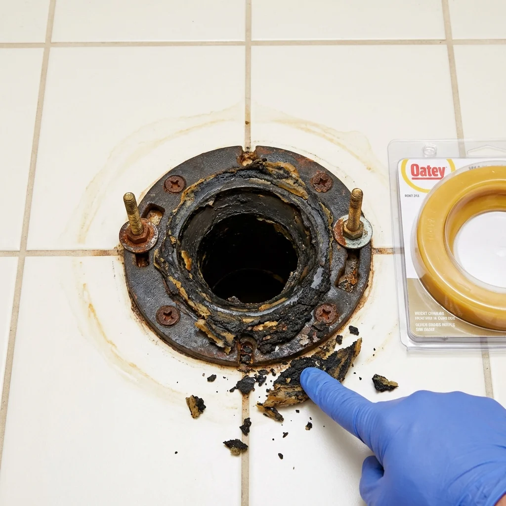 Failed wax ring showing water seepage at the base of a toilet in a Clayton, NM home