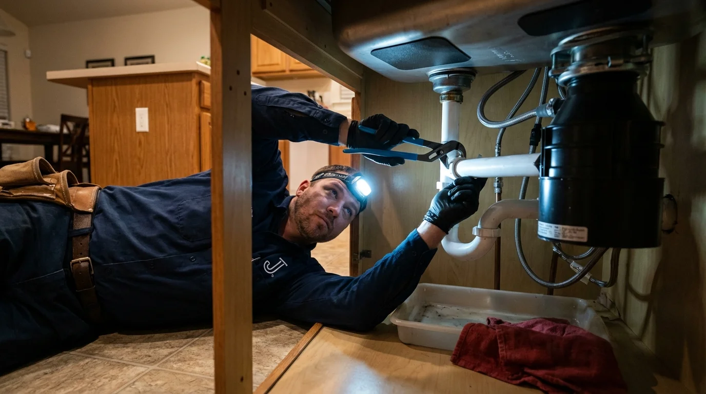 P-trap and supply line connections under a kitchen sink showing a common leak point in Clayton, NM